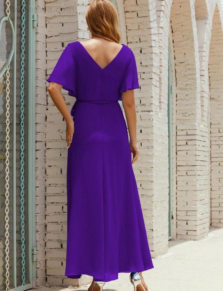 Numbersea V-Neck Bridesmaid Dress Long Formal Dresses with Belt for 28022