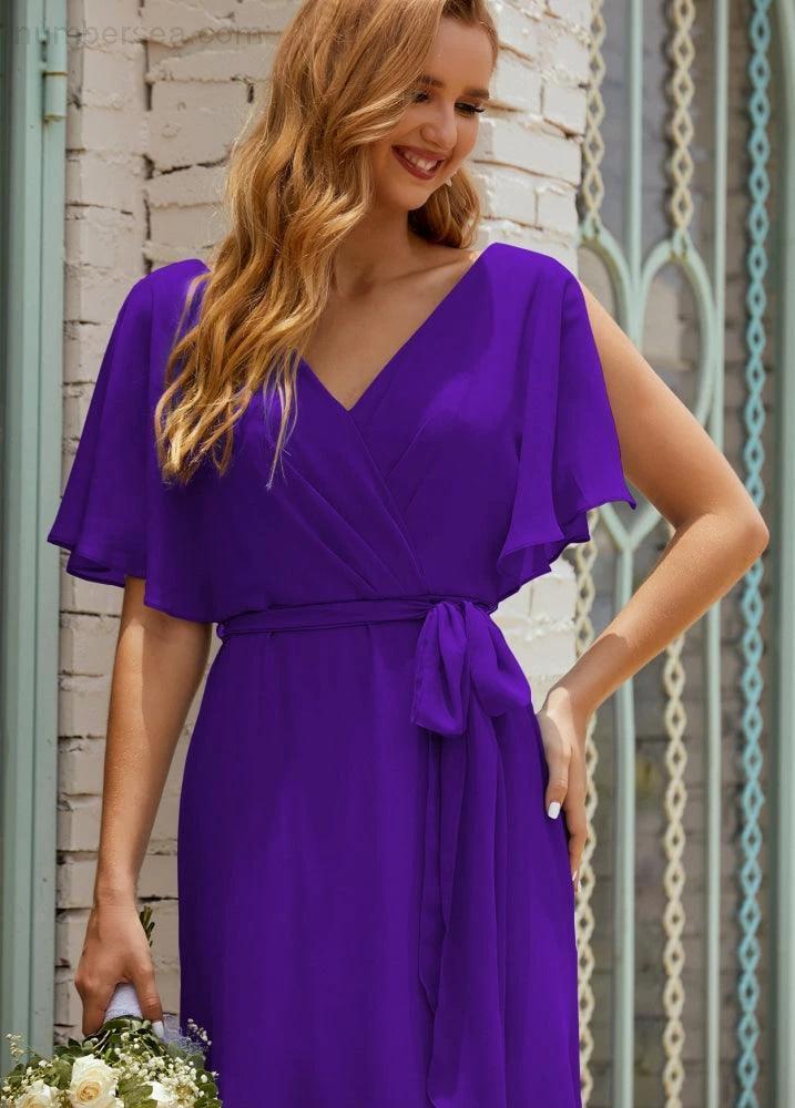 Numbersea V-Neck Bridesmaid Dress Long Formal Dresses with Belt for 28022