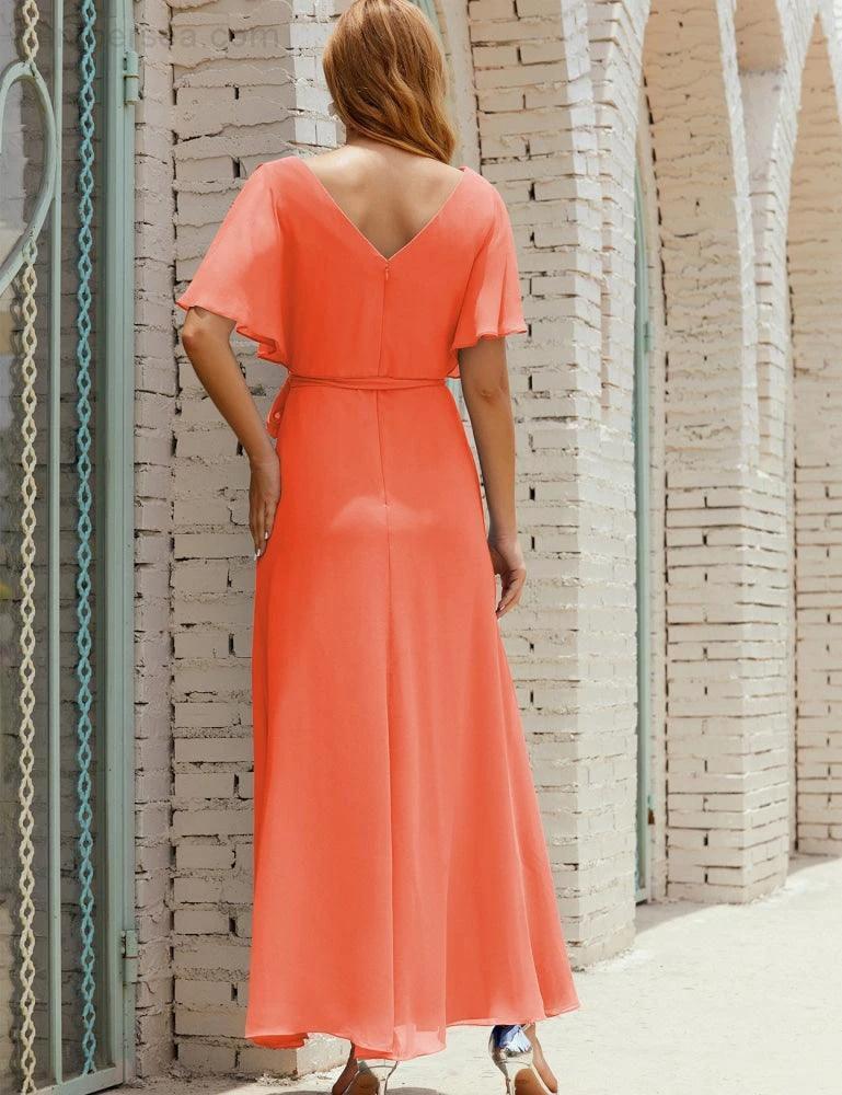 Numbersea V-Neck Bridesmaid Dress Long Formal Dresses with Belt for 28022