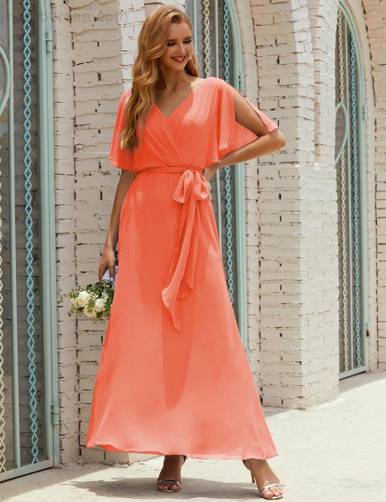 Numbersea V-Neck Bridesmaid Dress Long Formal Dresses with Belt for 28022