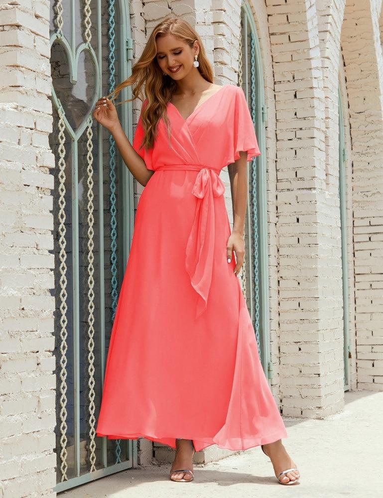 Numbersea V-Neck Bridesmaid Dress Long Formal Dresses with Belt for 28022