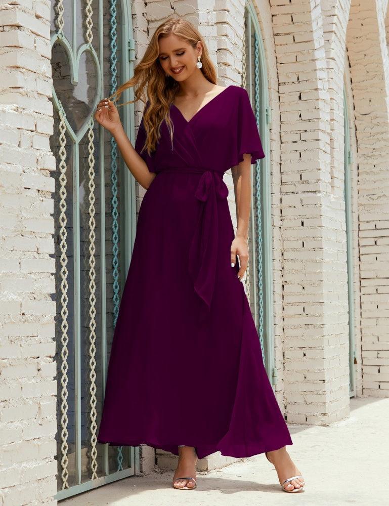 Numbersea V-Neck Bridesmaid Dress Long Formal Dresses with Belt for 28022
