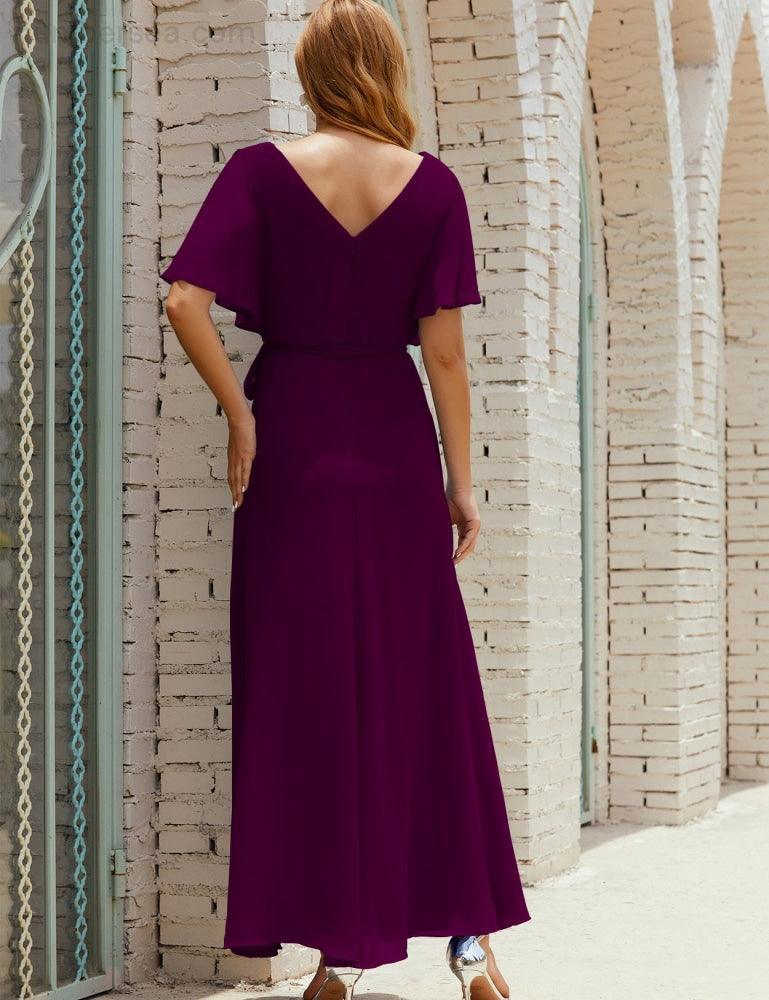 Numbersea V-Neck Bridesmaid Dress Long Formal Dresses with Belt for 28022