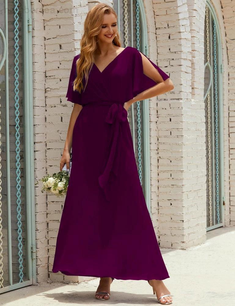Numbersea V-Neck Bridesmaid Dress Long Formal Dresses with Belt for 28022