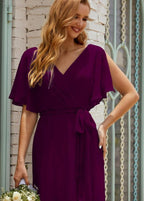 Numbersea V-Neck Bridesmaid Dress Long Formal Dresses with Belt for 28022