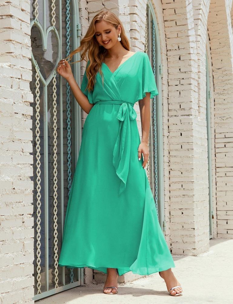 Numbersea V-Neck Bridesmaid Dress Long Formal Dresses with Belt for 28022