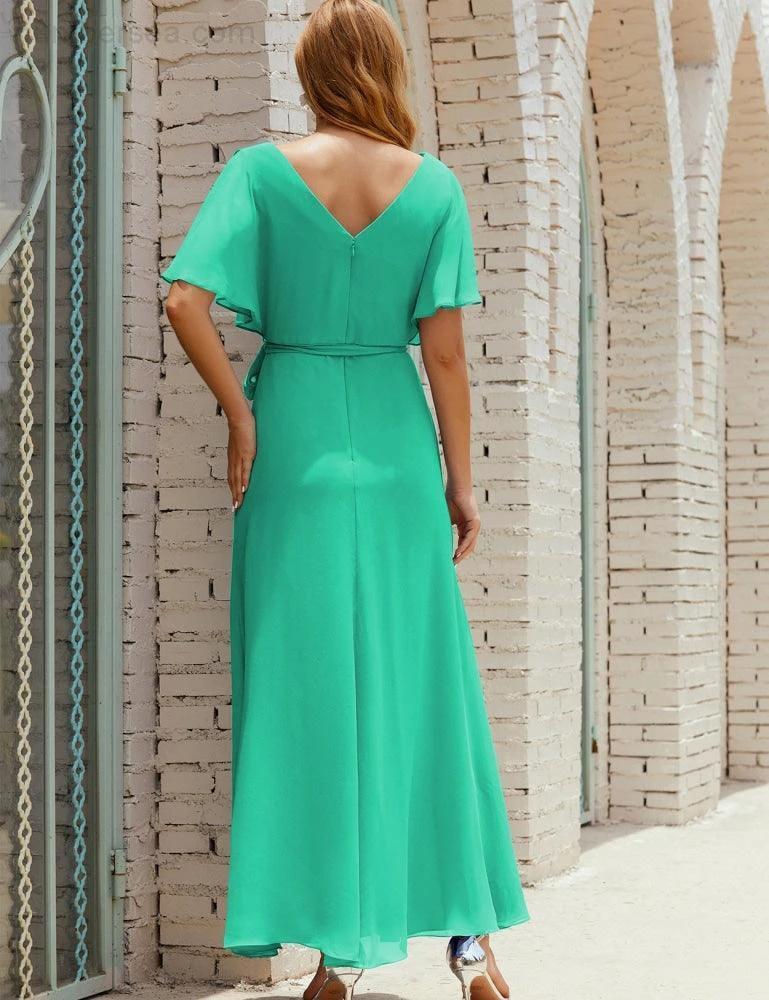 Numbersea V-Neck Bridesmaid Dress Long Formal Dresses with Belt for 28022