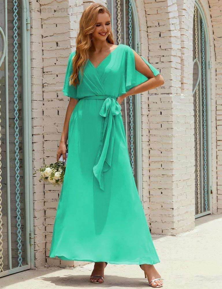 Numbersea V-Neck Bridesmaid Dress Long Formal Dresses with Belt for 28022