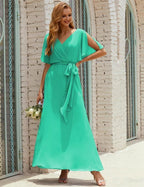 Numbersea V-Neck Bridesmaid Dress Long Formal Dresses with Belt for 28022
