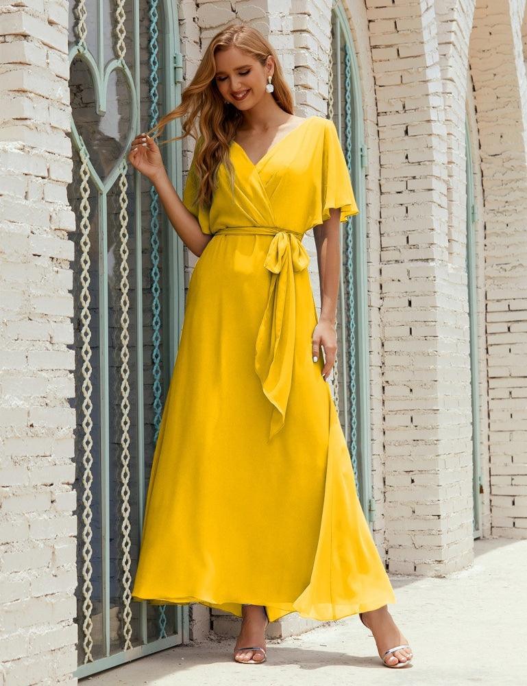 Numbersea V-Neck Bridesmaid Dress Long Formal Dresses with Belt for 28022