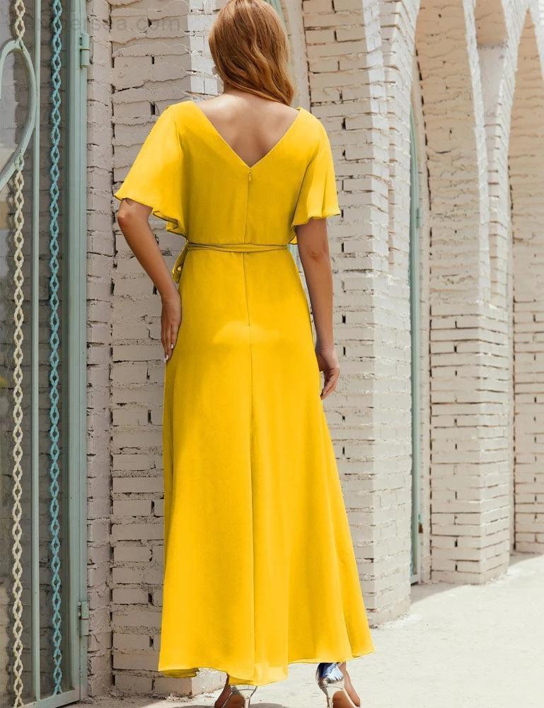 Numbersea V-Neck Bridesmaid Dress Long Formal Dresses with Belt for 28022