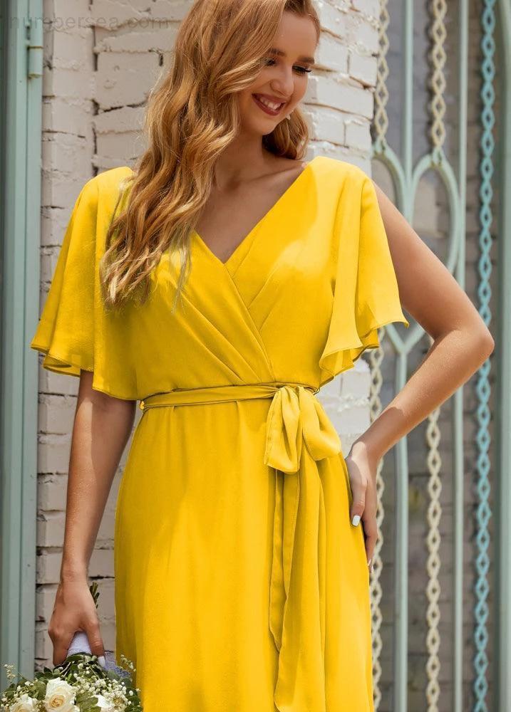 Numbersea V-Neck Bridesmaid Dress Long Formal Dresses with Belt for 28022