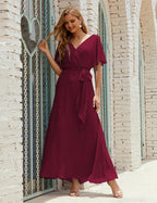 Numbersea V-Neck Bridesmaid Dress Long Formal Dresses with Belt for 28022