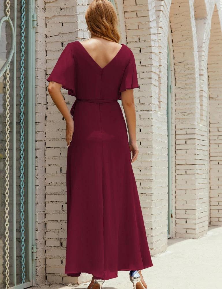 Numbersea V-Neck Bridesmaid Dress Long Formal Dresses with Belt for 28022