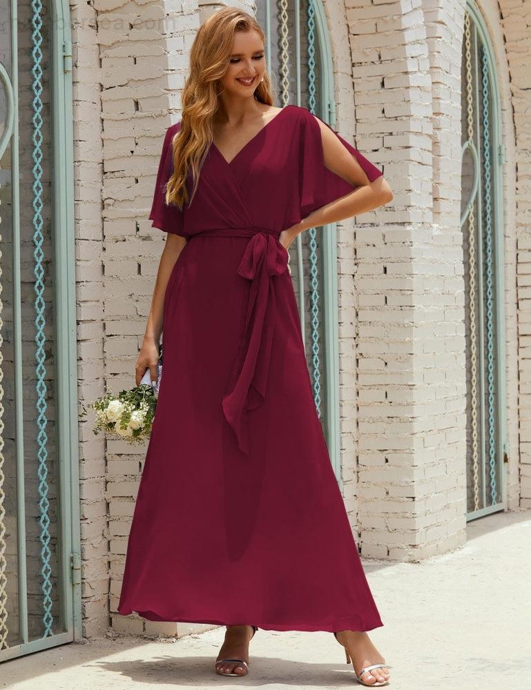 Numbersea V-Neck Bridesmaid Dress Long Formal Dresses with Belt for 28022