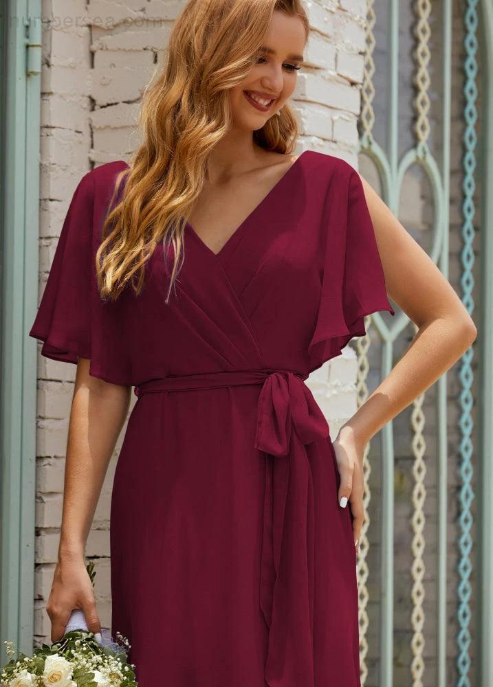 Numbersea V-Neck Bridesmaid Dress Long Formal Dresses with Belt for 28022