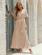 Numbersea V-Neck Bridesmaid Dress Long Formal Dresses with Belt for 28022
