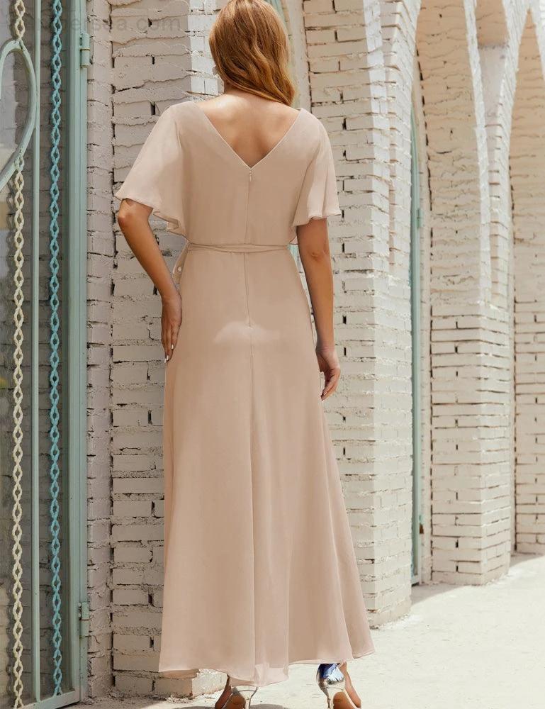 Numbersea V-Neck Bridesmaid Dress Long Formal Dresses with Belt for 28022