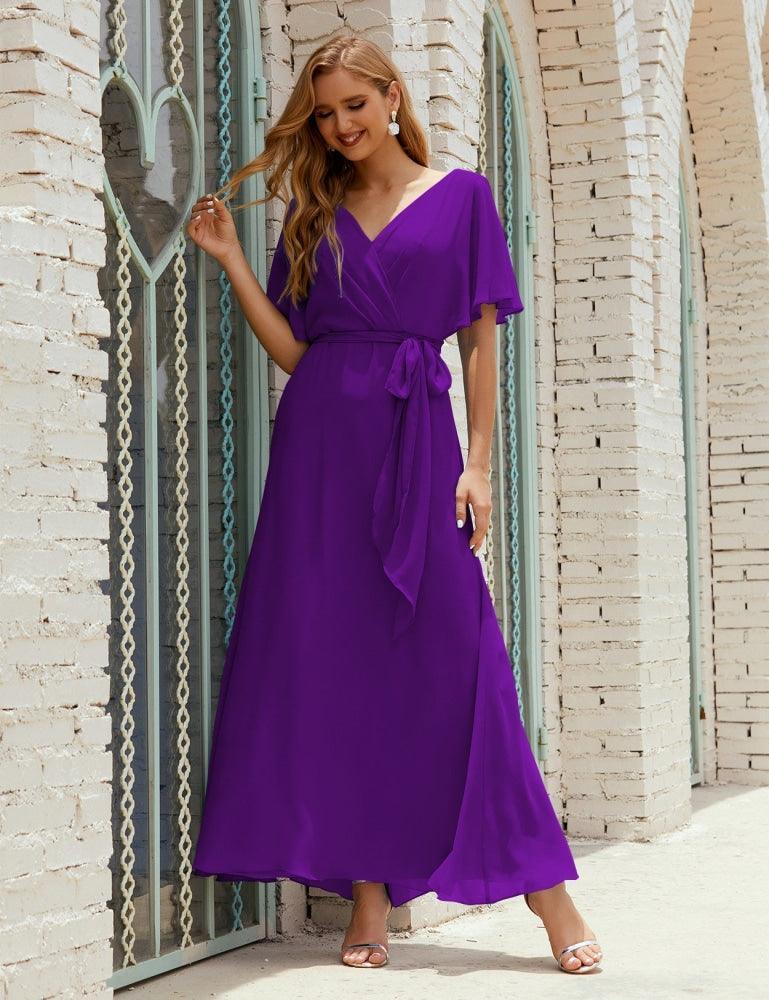 Numbersea V-Neck Bridesmaid Dress Long Formal Dresses with Belt for 28022