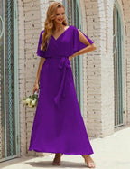 Numbersea V-Neck Bridesmaid Dress Long Formal Dresses with Belt for 28022
