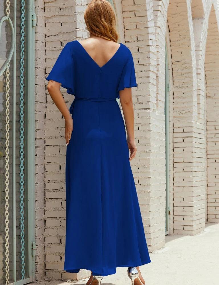 Numbersea V-Neck Bridesmaid Dress Long Formal Dresses with Belt for 28022