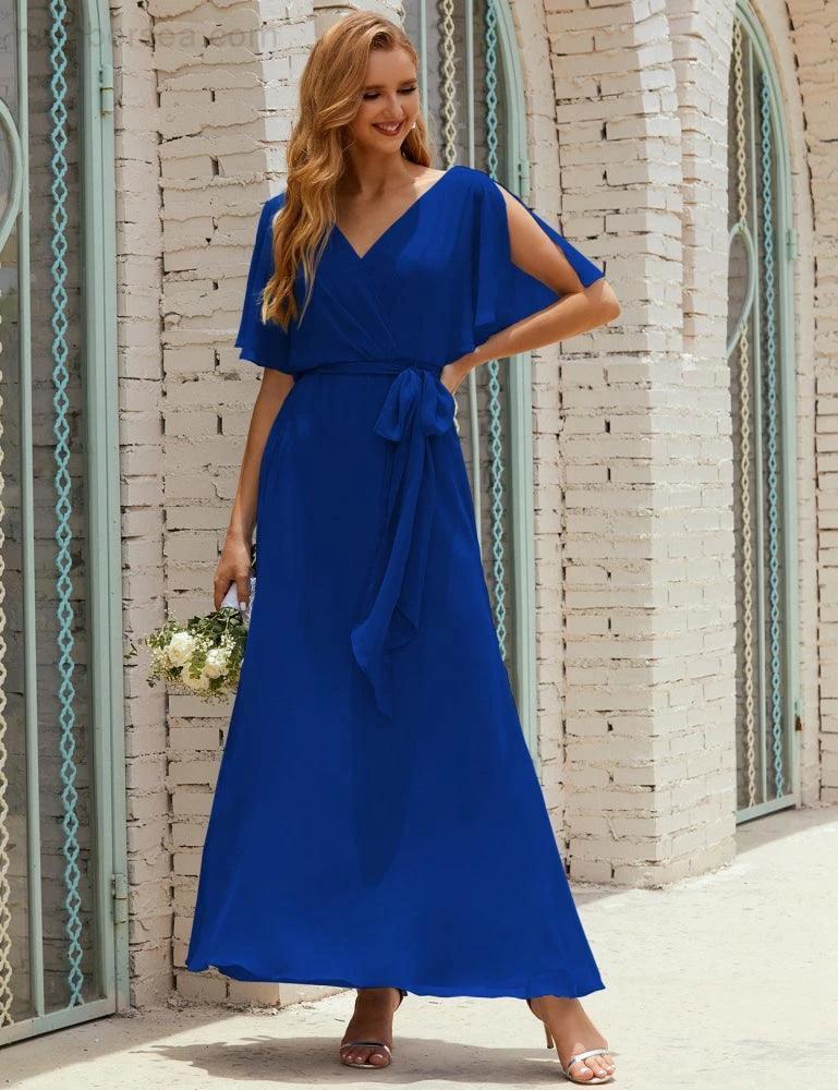 Numbersea V-Neck Bridesmaid Dress Long Formal Dresses with Belt for 28022