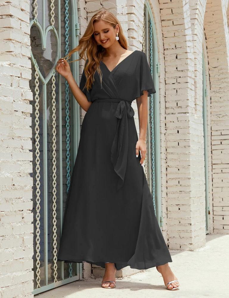 Numbersea V-Neck Bridesmaid Dress Long Formal Dresses with Belt for 28022