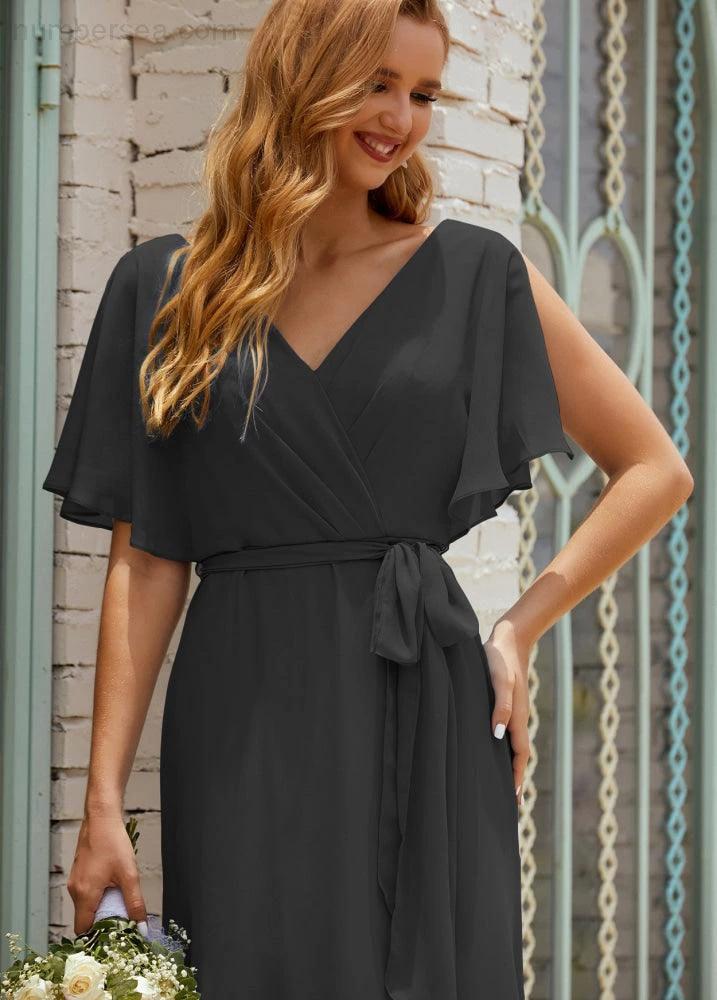 Numbersea V-Neck Bridesmaid Dress Long Formal Dresses with Belt for 28022