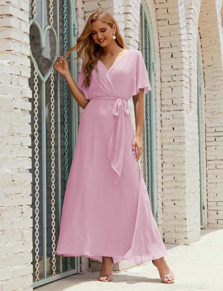 Numbersea V-Neck Bridesmaid Dress Long Formal Dresses with Belt for 28022