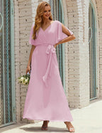 Numbersea V-Neck Bridesmaid Dress Long Formal Dresses with Belt for 28022
