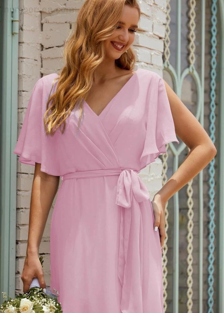 Numbersea V-Neck Bridesmaid Dress Long Formal Dresses with Belt for 28022