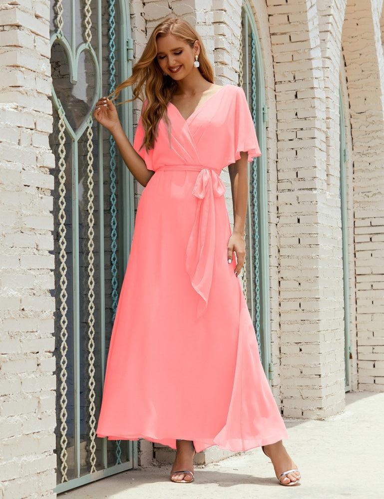 Numbersea V-Neck Bridesmaid Dress Long Formal Dresses with Belt for 28022