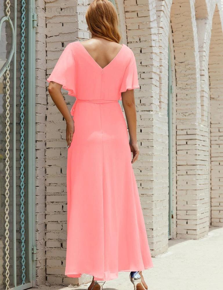 Numbersea V-Neck Bridesmaid Dress Long Formal Dresses with Belt for 28022