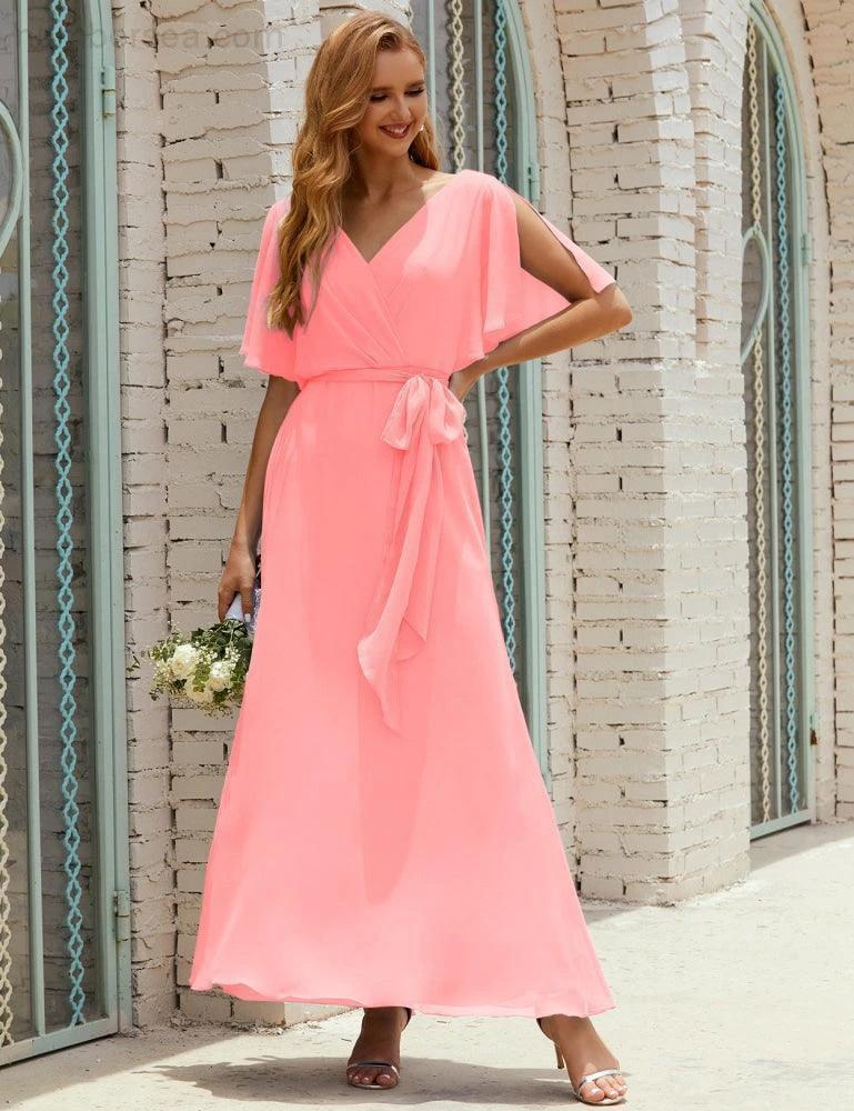 Numbersea V-Neck Bridesmaid Dress Long Formal Dresses with Belt for 28022