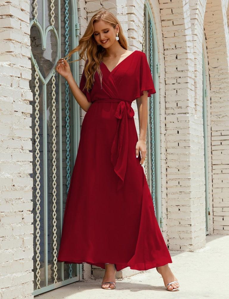 Numbersea V-Neck Bridesmaid Dress Long Formal Dresses with Belt for 28022