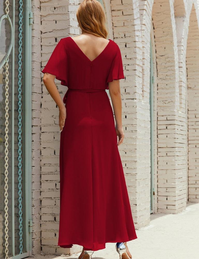 Numbersea V-Neck Bridesmaid Dress Long Formal Dresses with Belt for 28022