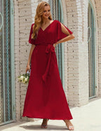 Numbersea V-Neck Bridesmaid Dress Long Formal Dresses with Belt for 28022