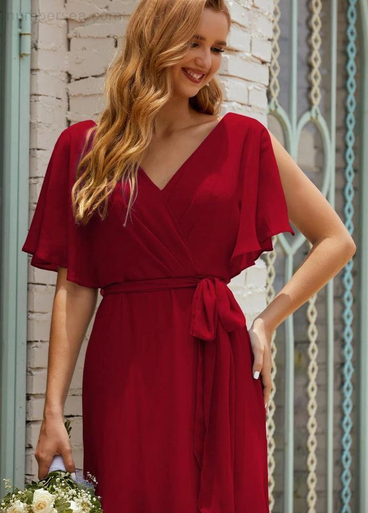 Numbersea V-Neck Bridesmaid Dress Long Formal Dresses with Belt for 28022