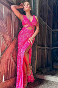 Hot Pink Sequined Prom Dress With Slit SYP110 by vivymakudress