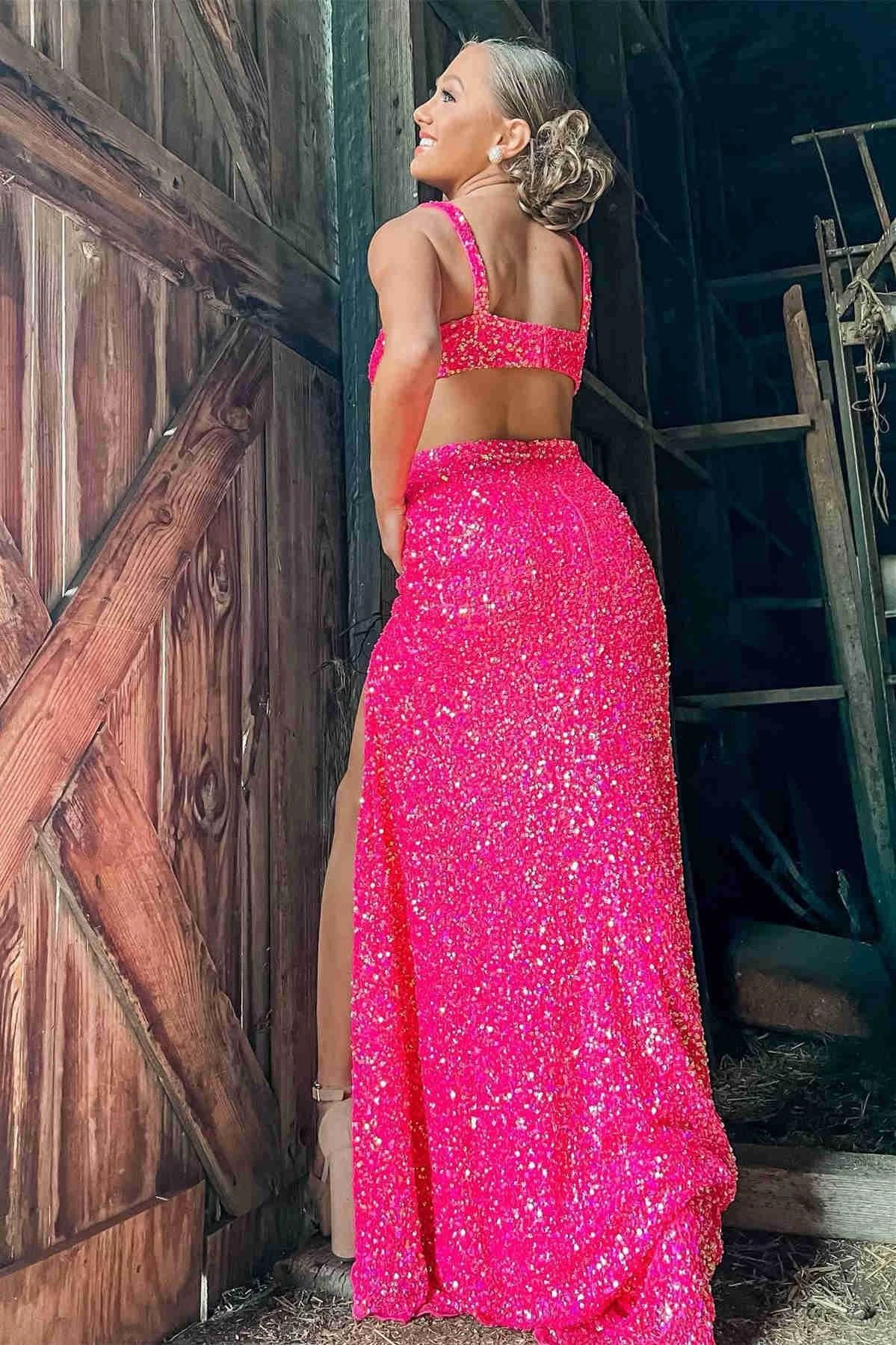 Hot Pink Sequined Prom Dress With Slit SYP110 by vivymakudress