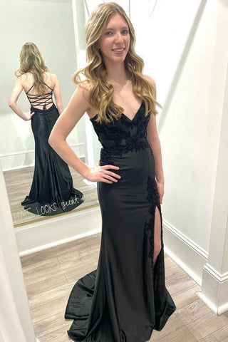 Schwarzes Ballkleid im Meerjungfrauen-Stil mit V-Ausschnitt, Schnürung und Schlitz PSK550