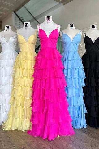Vestido de fiesta fucsia de gasa con volantes, tirantes y escote en V, con abertura PSK470