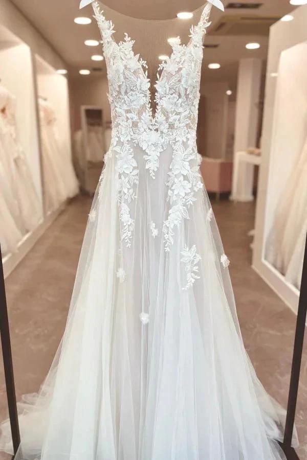 A-Line V-neck Chiffon Lace Open Back Long Wedding Dresses With Split by BIZTUNNEL