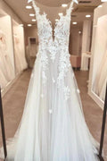 A-Line V-neck Chiffon Lace Open Back Long Wedding Dresses With Split by BIZTUNNEL