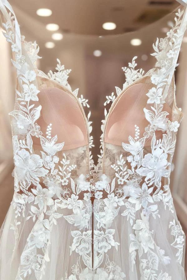 A-Line V-neck Chiffon Lace Open Back Long Wedding Dresses With Split by BIZTUNNEL