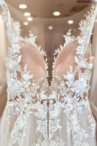 A-Linie V-Ausschnitt Chiffon Spitze Offener Rücken Lange Brautkleider Mit Schlitz