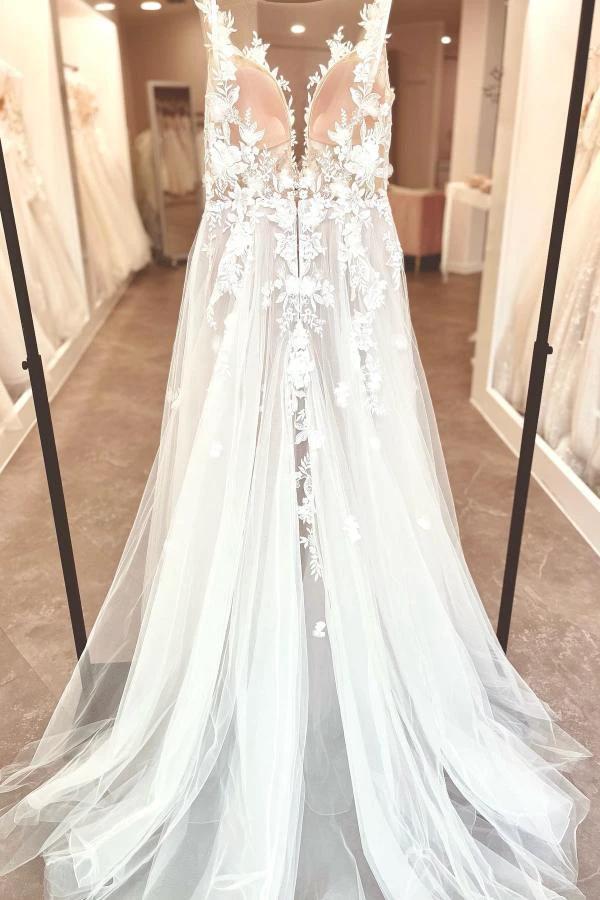 A-Line V-neck Chiffon Lace Open Back Long Wedding Dresses With Split by BIZTUNNEL