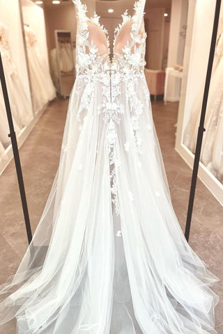 A-Linie V-Ausschnitt Chiffon Spitze Offener Rücken Lange Brautkleider Mit Schlitz