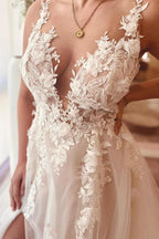 A-Line V-neck Chiffon Lace Open Back Long Wedding Dresses With Split by BIZTUNNEL