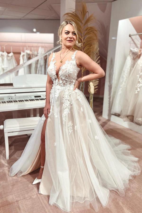 A-Line V-neck Chiffon Lace Open Back Long Wedding Dresses With Split by BIZTUNNEL
